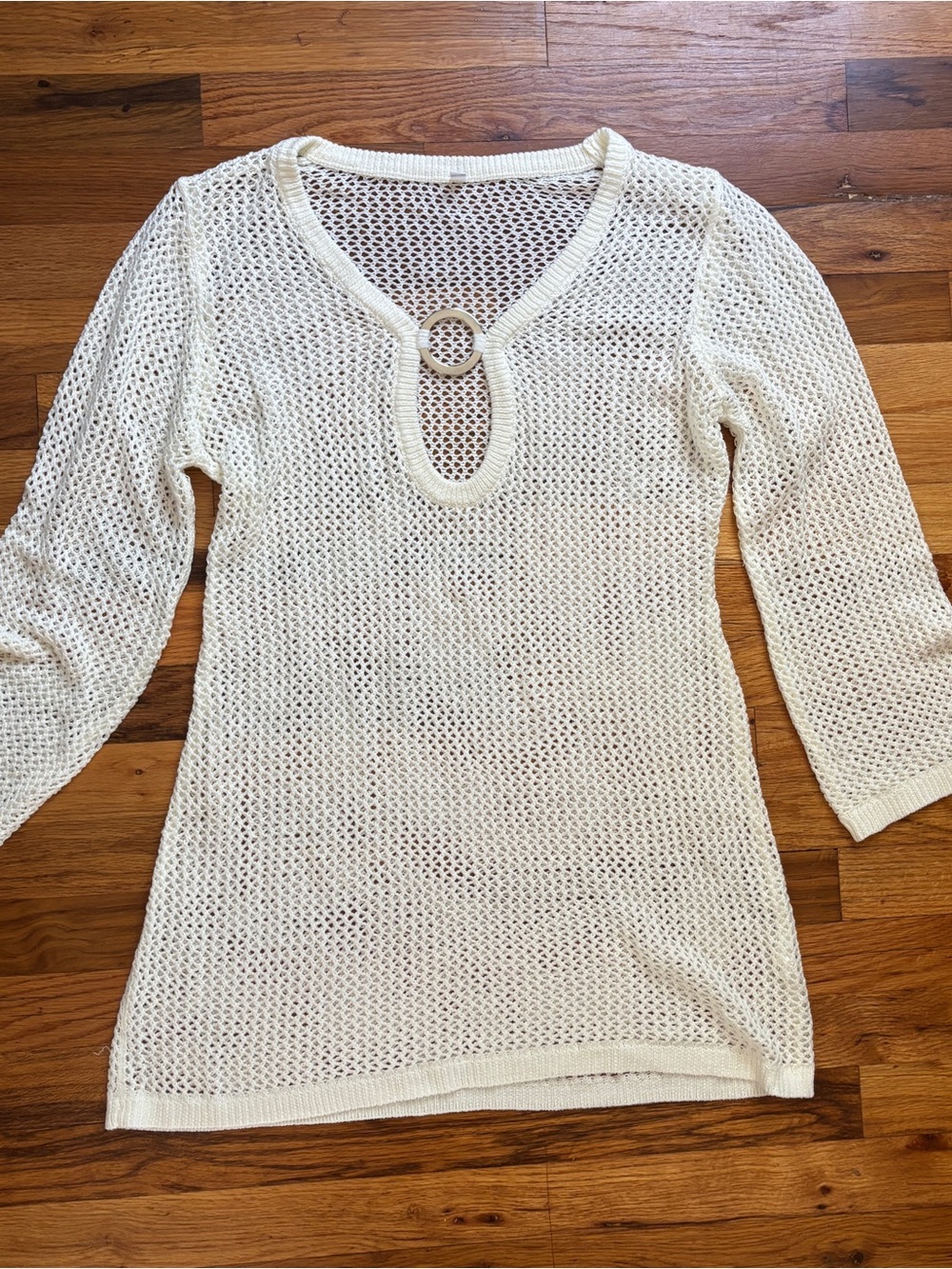 Cream Open-Knit beach cover up with Front Ring Detail